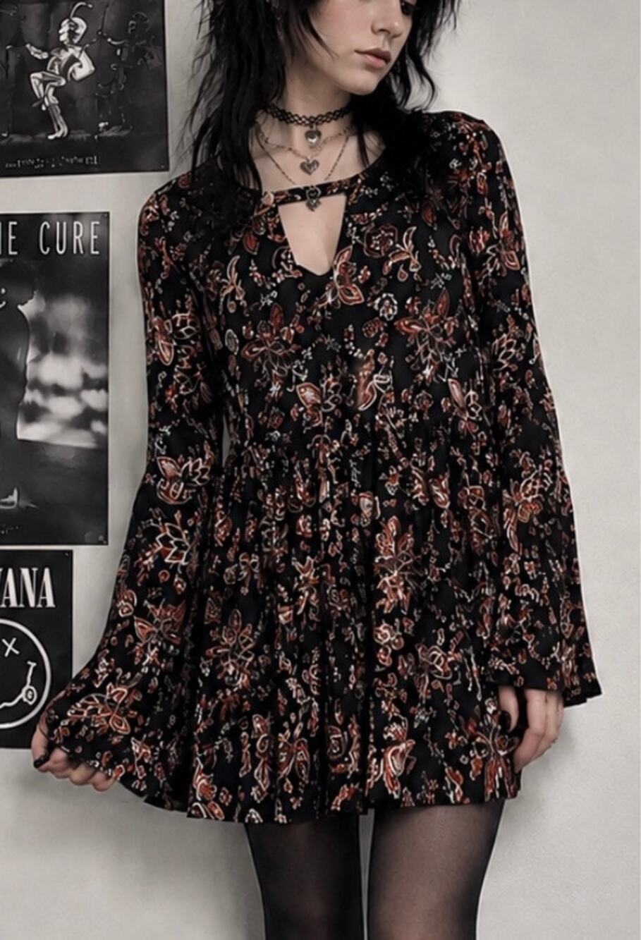 New Hem & Thread babydoll long bell sleeve mini dress fairy whimsigoth floral M